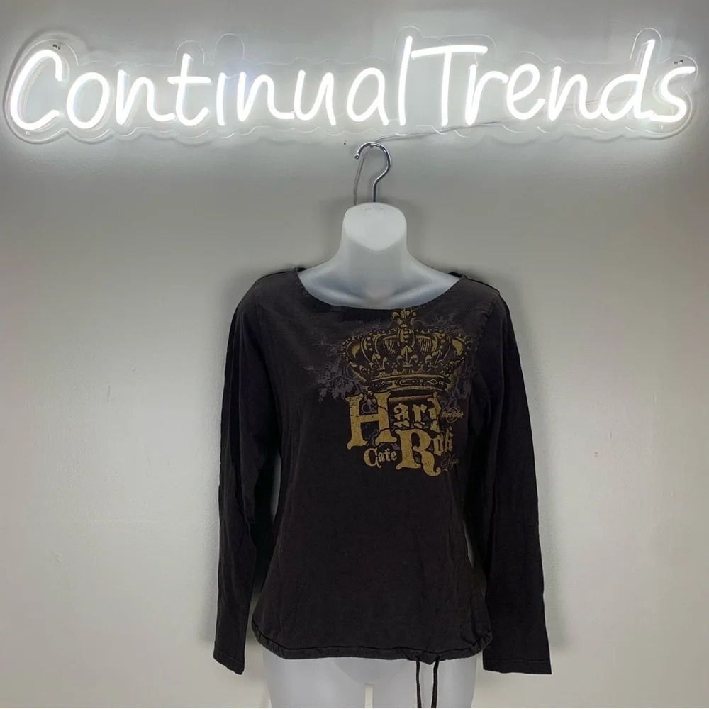 Hard Rock Cafe Graphic brown Gold 100% Cotton Shirt Top size Large